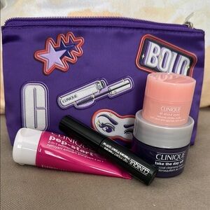 NEW NIP Clinique Makeup and Skincare Set with Purple Bag travel size mini
